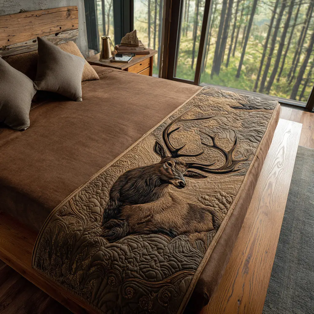 Elk Forest Guardian Quilted Bed Runner Elk Forest Guardian Wildlife Gift
