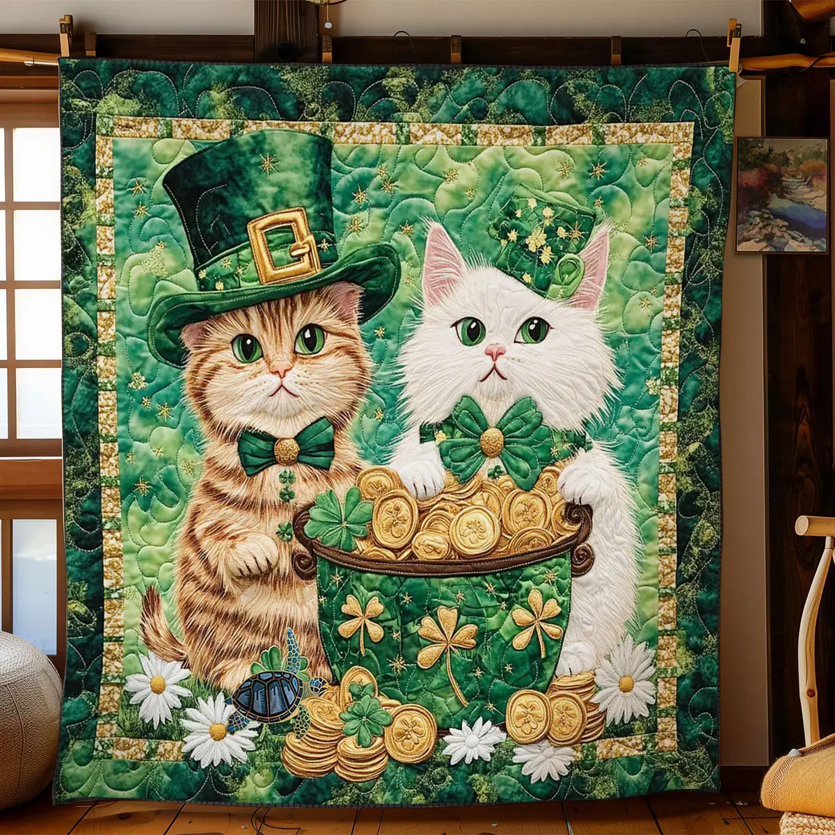 Emerald Cat Luck Quilted Blanket Bedroom Decor Ideas St Pats Gifts For Cat Lovers