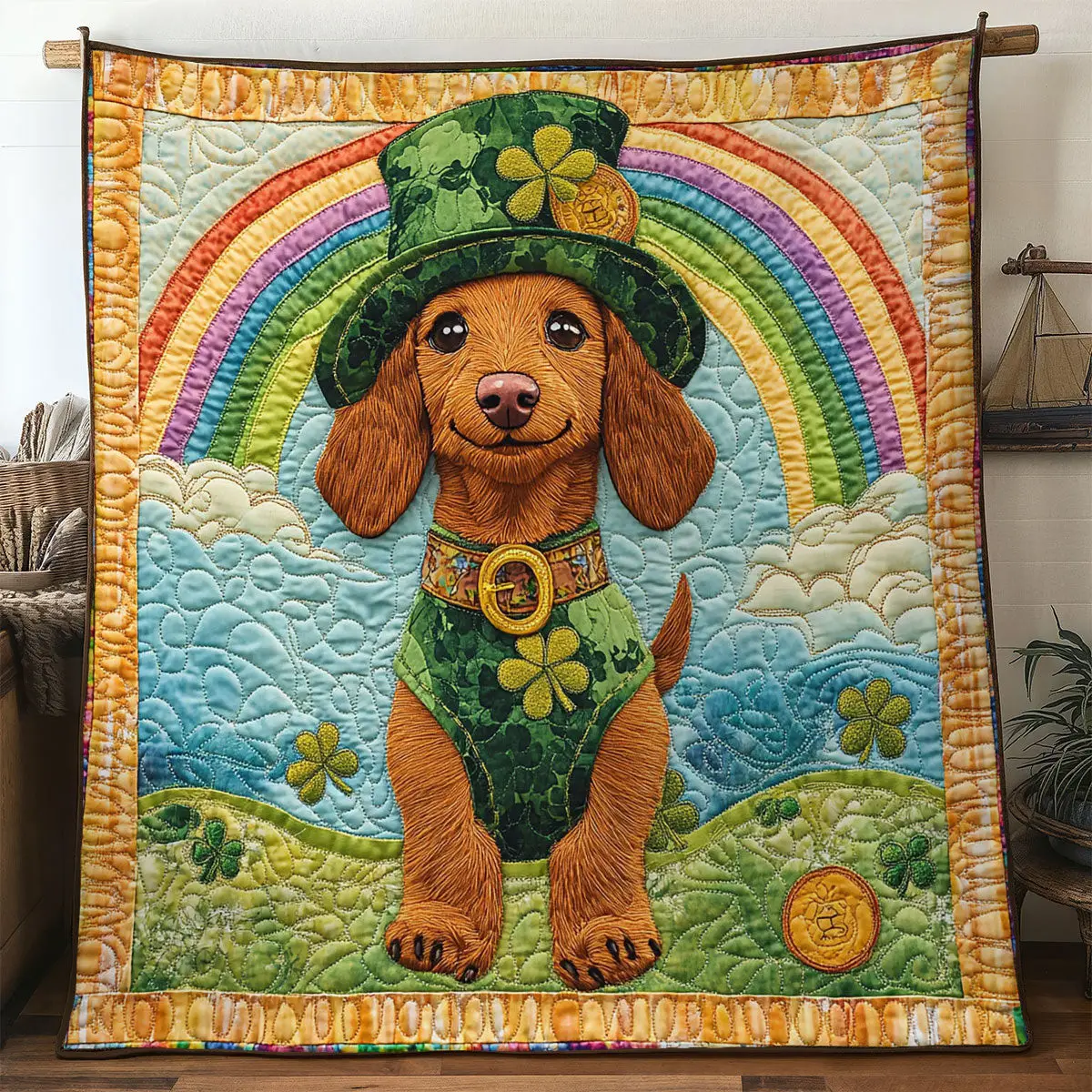 Emerald Dachshund Quilted Blanket Bedding Accessories St Patrick's Gifts For Cousins Emerald Dachshund Quilted Blanket Bedding Accessories St Patrick's Gifts For Cousins - Image 1