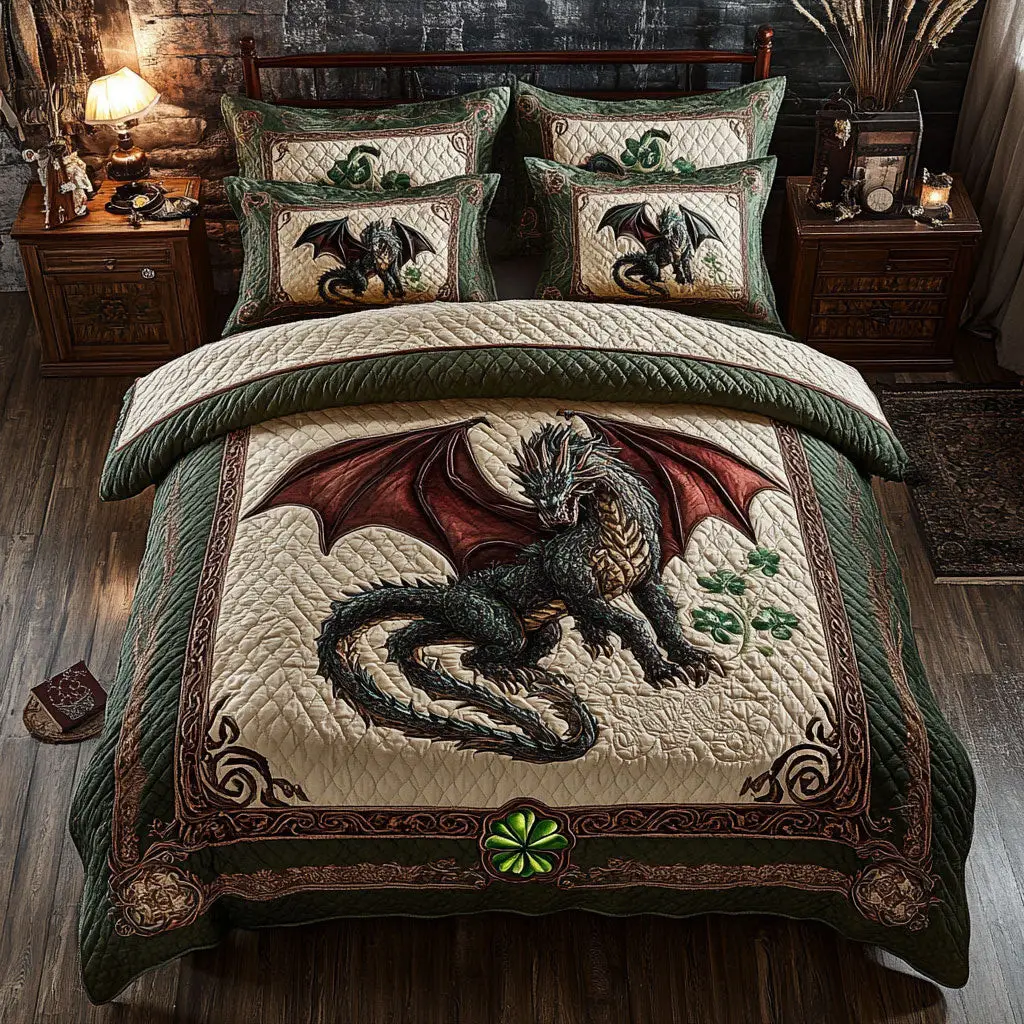 Emerald Dragon Quilted Bedding Set Bedroom Decorations St Patrick Gifts For Dragon Lovers