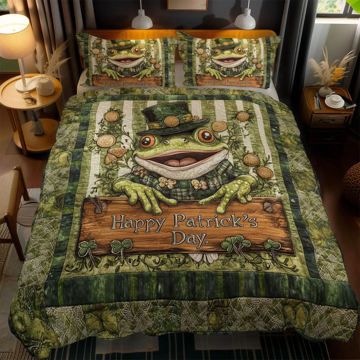 Emerald Frog Quilted Bedding Set Cozy Aesthetic Home Decor Cute St Patricks Day Ideas Emerald Frog Quilted Bedding Set Cozy Aesthetic Home Decor Cute St Patricks Day Ideas - Image 1