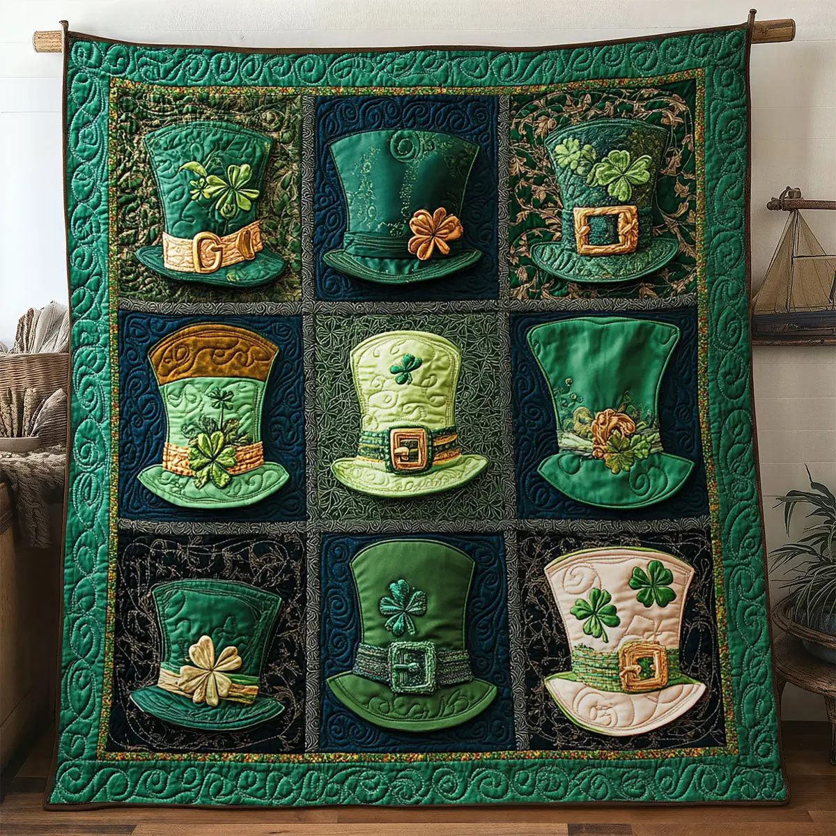Emerald Hat Magic Quilted Blanket Aesthetic Home Decor St Patrick's Day Gifts For Nana