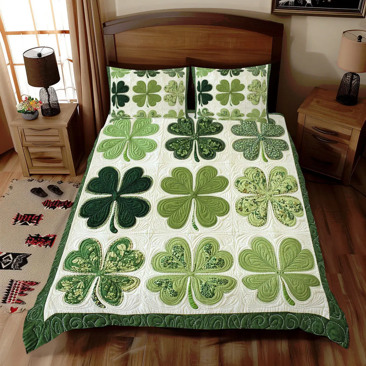 Emerald Luck Quilted Bedding Set Home Decor St Patricks Day Gifts For Boyfriend