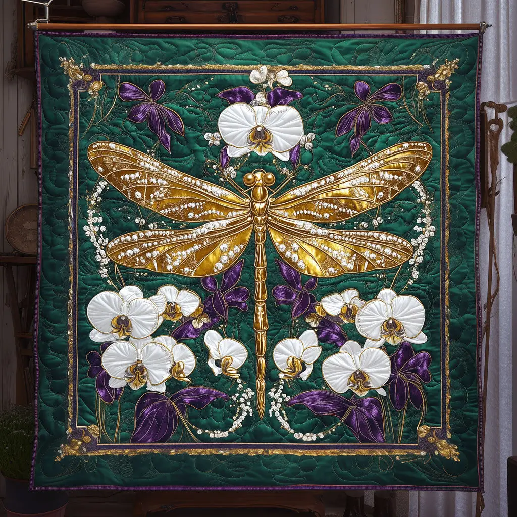 Emerald Orchid Dragonfly Quilt Elegant Quilt Blanket for Relaxing Evenings Emerald Orchid Dragonfly Quilt Elegant Quilt Blanket for Relaxing Evenings - Image 1