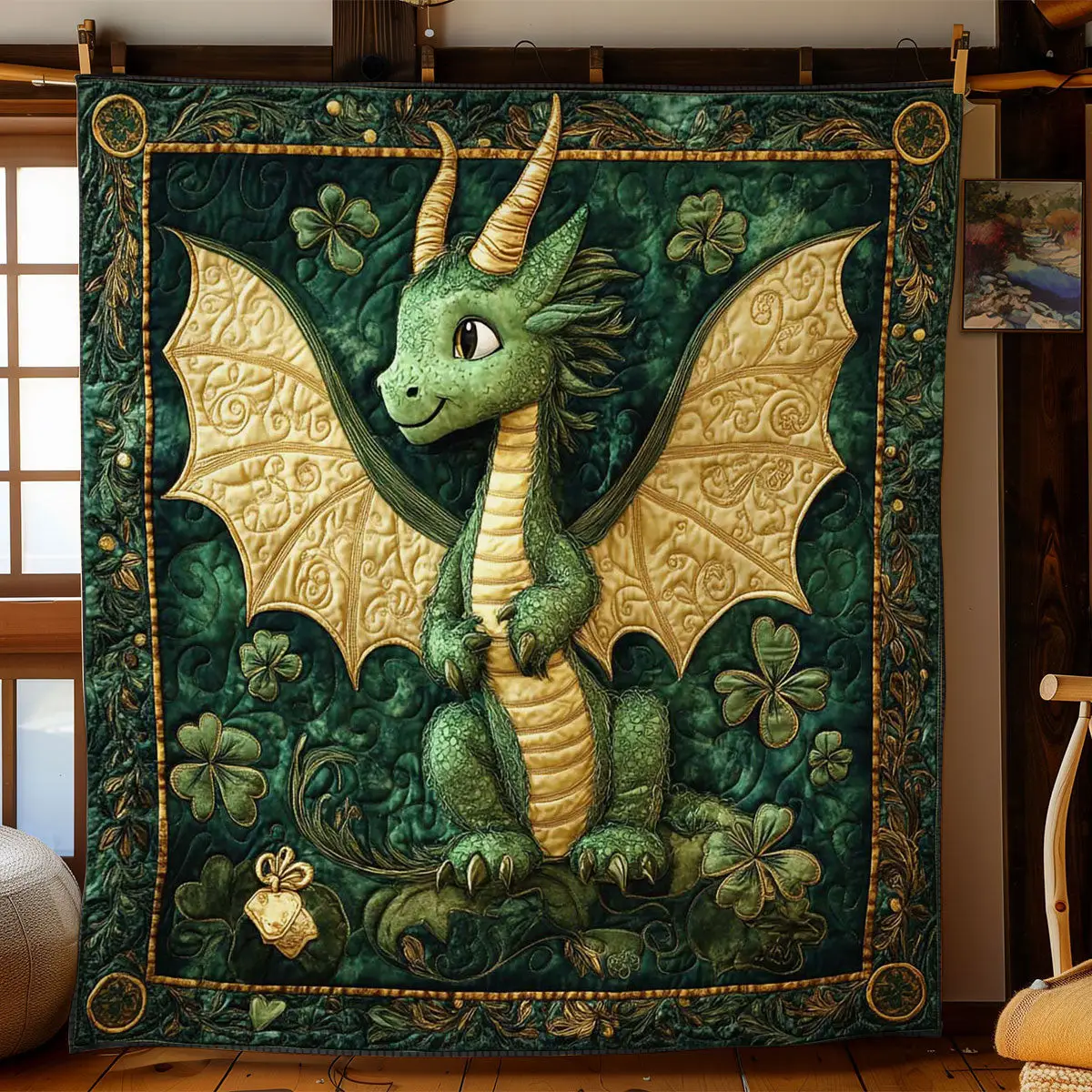 Enchanted Clover Dragon Quilted Blanket Fantasy Themed St Patrick's Day Holiday Home Decoration