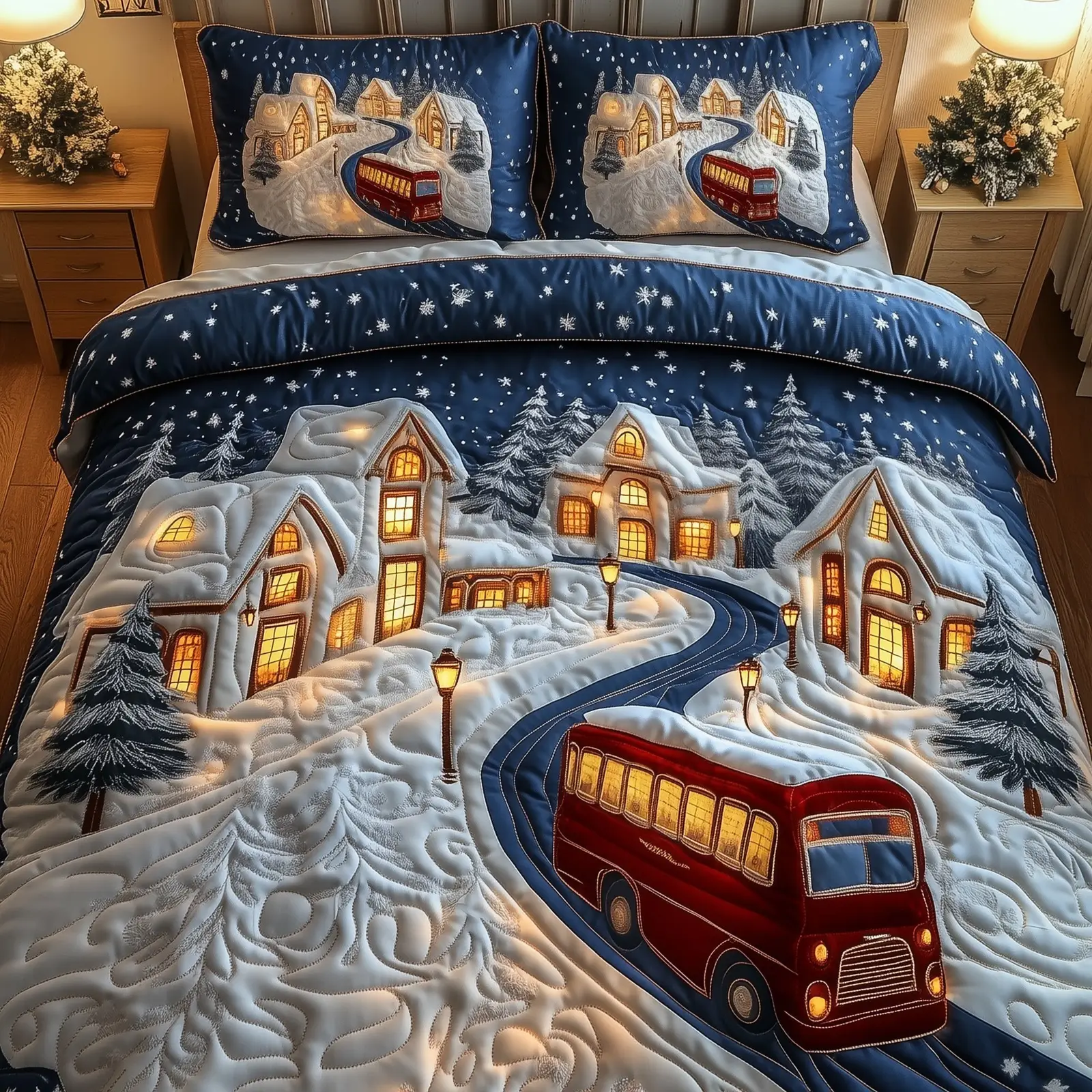 Enchanted Holiday Christmas Quilted Bedding Set Duvet Cover Bedspread Cute Xmas Gifts For Him