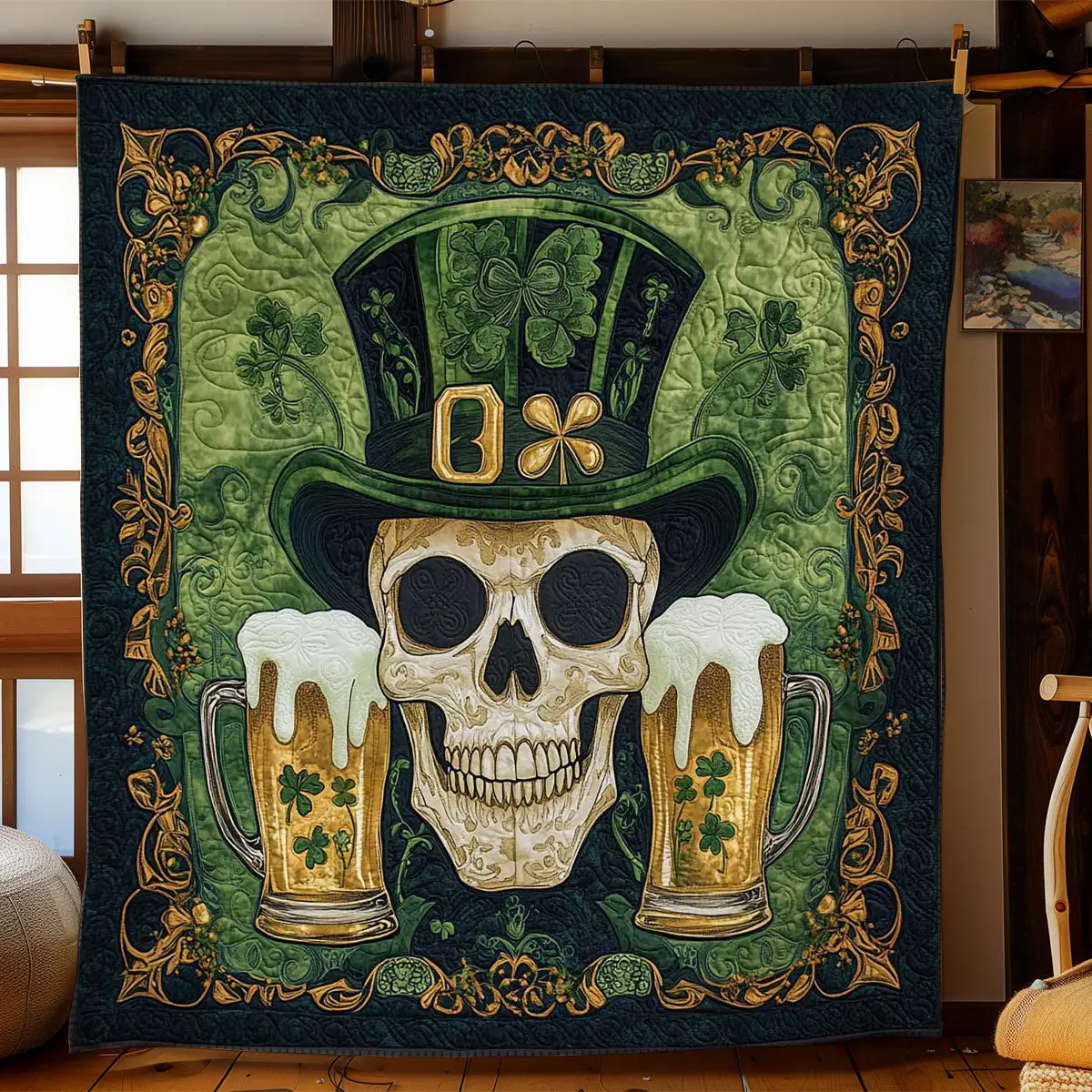 Enchanted Skull Quilted Blanket Holiday Home Decor St Paddys Day Gift For Skeleton Lovers