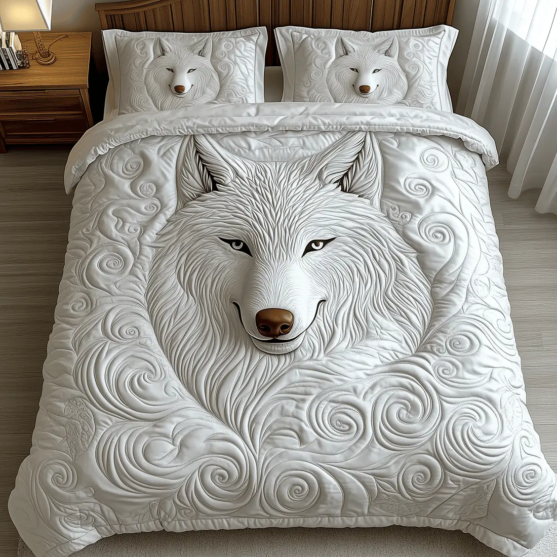 Ethereal White Wolf Quilted Bedding Set White Duvet Cover Mother's Day Gifts For Wife Ethereal White Wolf Quilted Bedding Set White Duvet Cover Mother's Day Gifts For Wife - Image 1