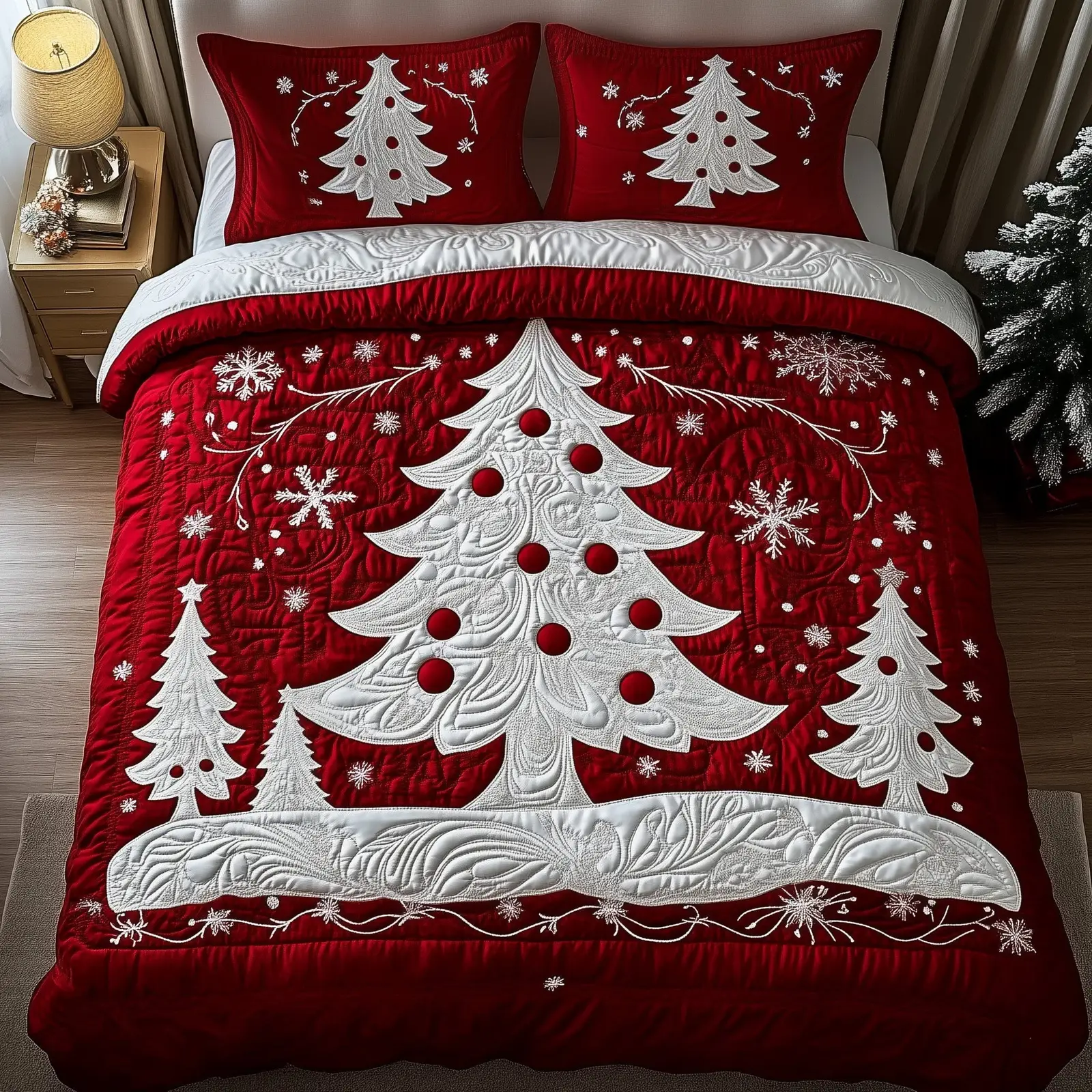 Evergreen Charm Christmas Quilted Bedding Set Duvet Cover Bedspread Cute Christmas Tree Theme Gifts