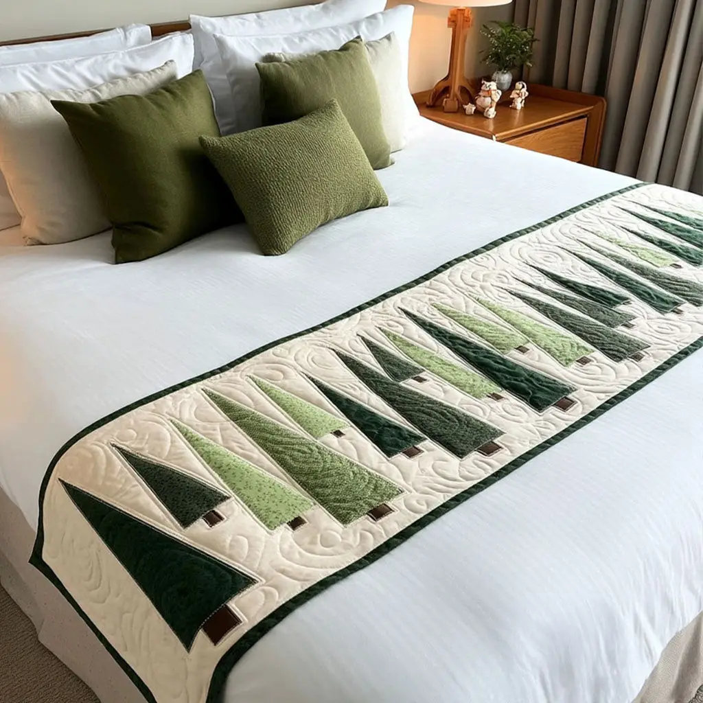 Evergreen Forest Quilted Bed Runner Winter Forest Look Gift for Dad Evergreen Forest Quilted Bed Runner Winter Forest Look Gift for Dad - Image 1