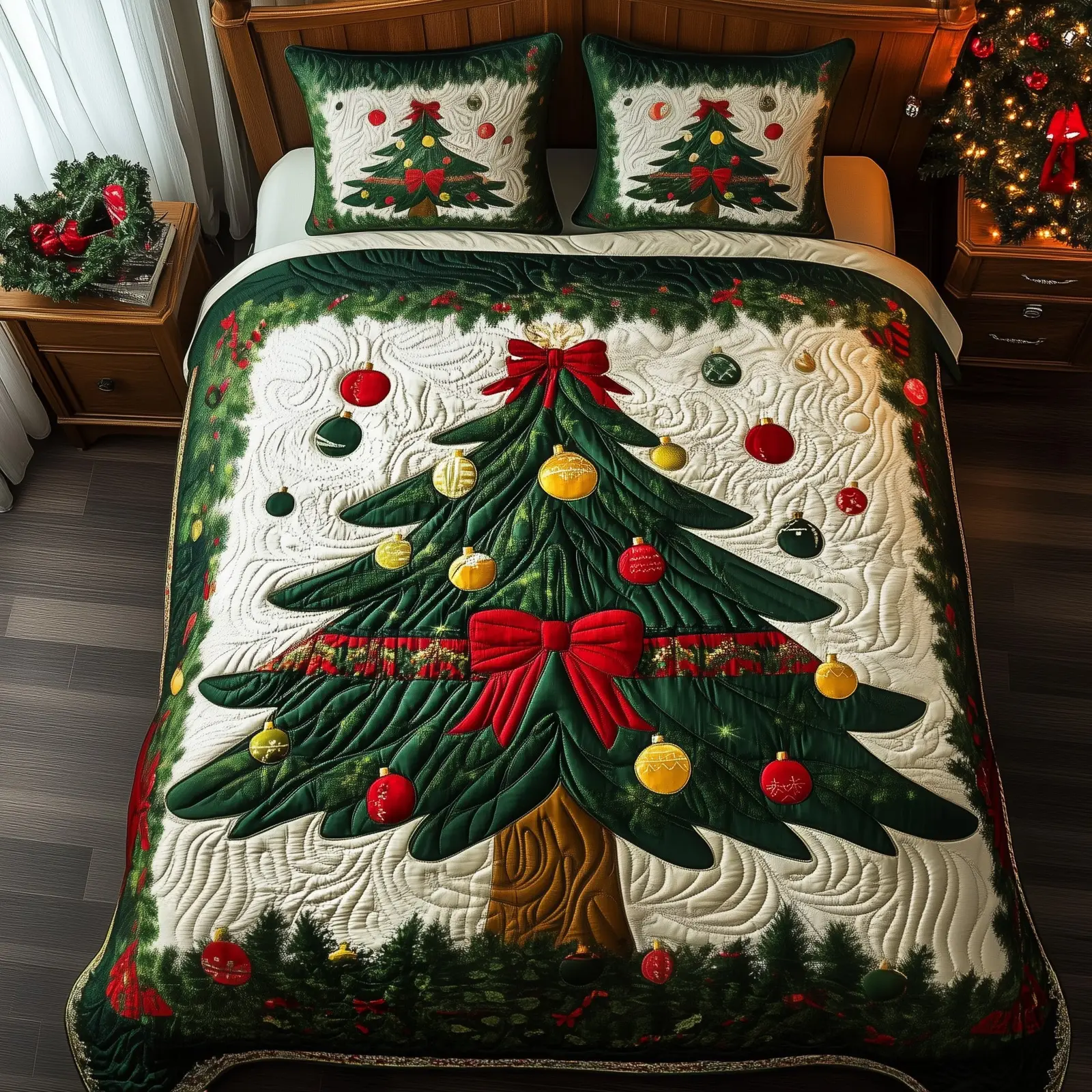 Evergreen Spirit Christmas Quilted Bedding Set Duvet Cover Bedspread Cute Xmas Gifts