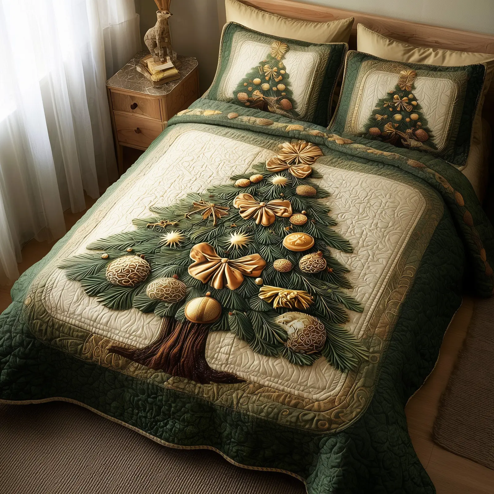 Evergreen Spirit Christmas Quilted Bedding Set Duvet Cover Bedspread Pine Tree Theme Cute Xmas Gifts For Her