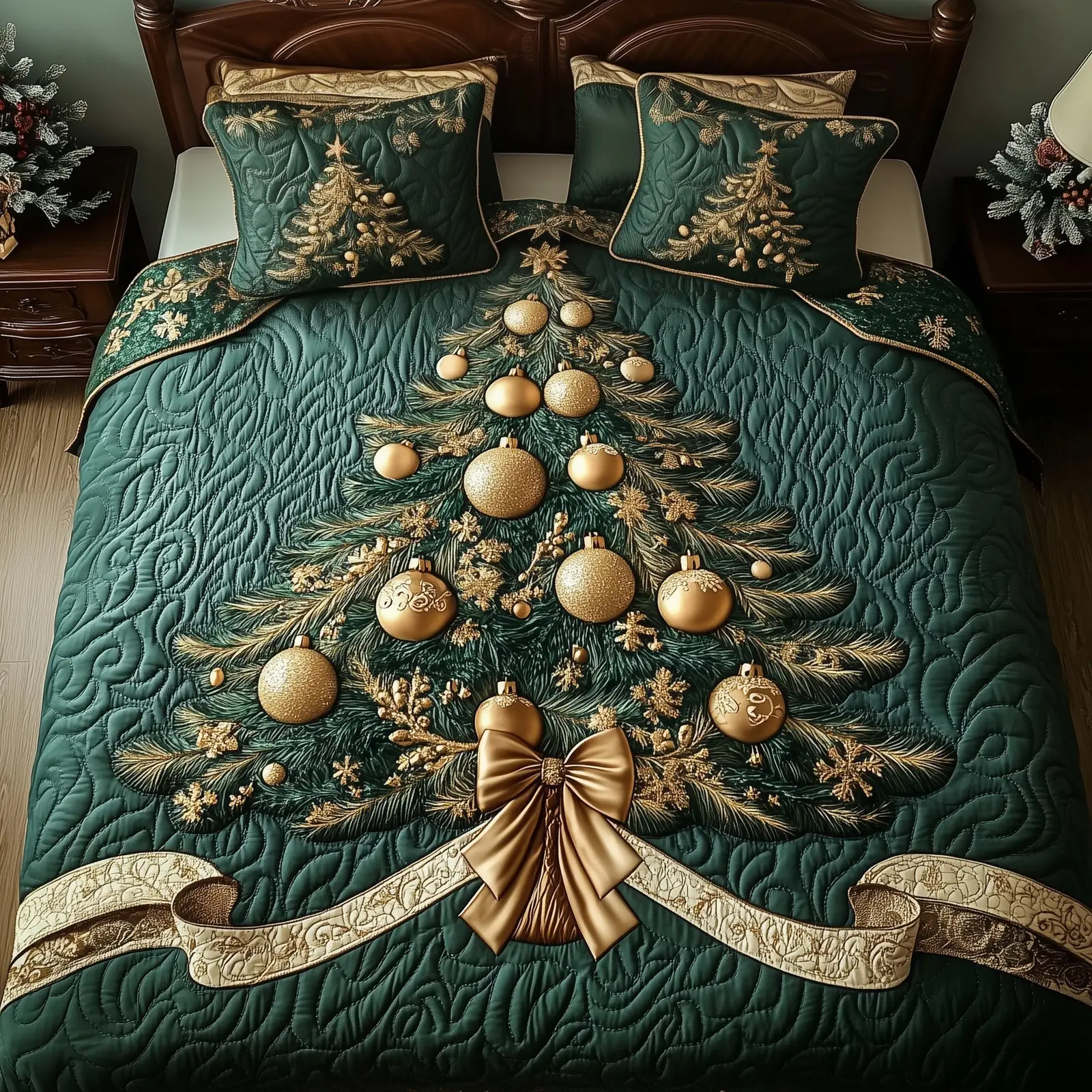 Evergreen Spirit Christmas Quilted Bedding Set Duvet Cover Bedspread Pine Tree Theme Cute Xmas Presents For Lovers