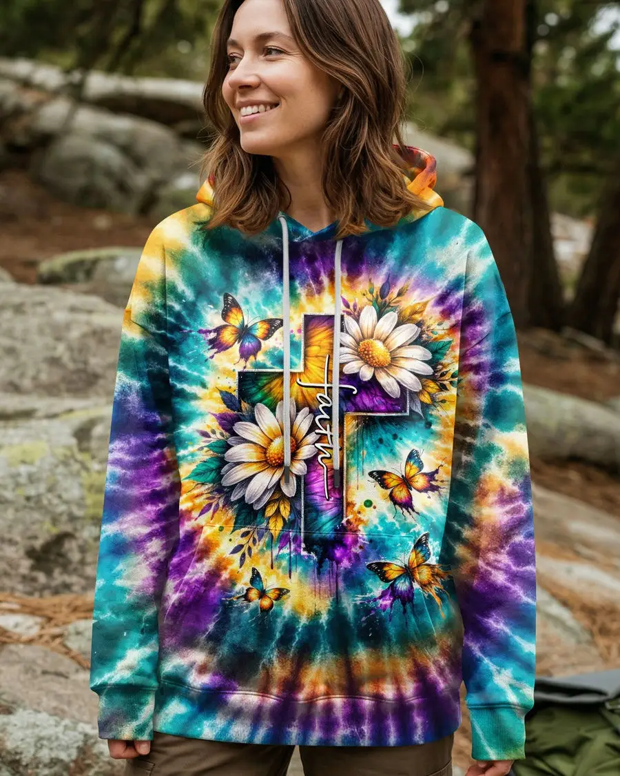 Faith Cross Daisies Tie Dye Hoodie Women's Christian Apparel Best Mother's Day Gifts