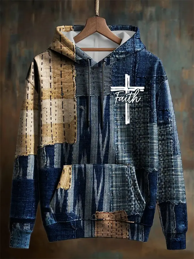 Faith Cross Denim Hoodie Christian Patchwork Style Apparel Cozy Streetwear Best Gift For Believers