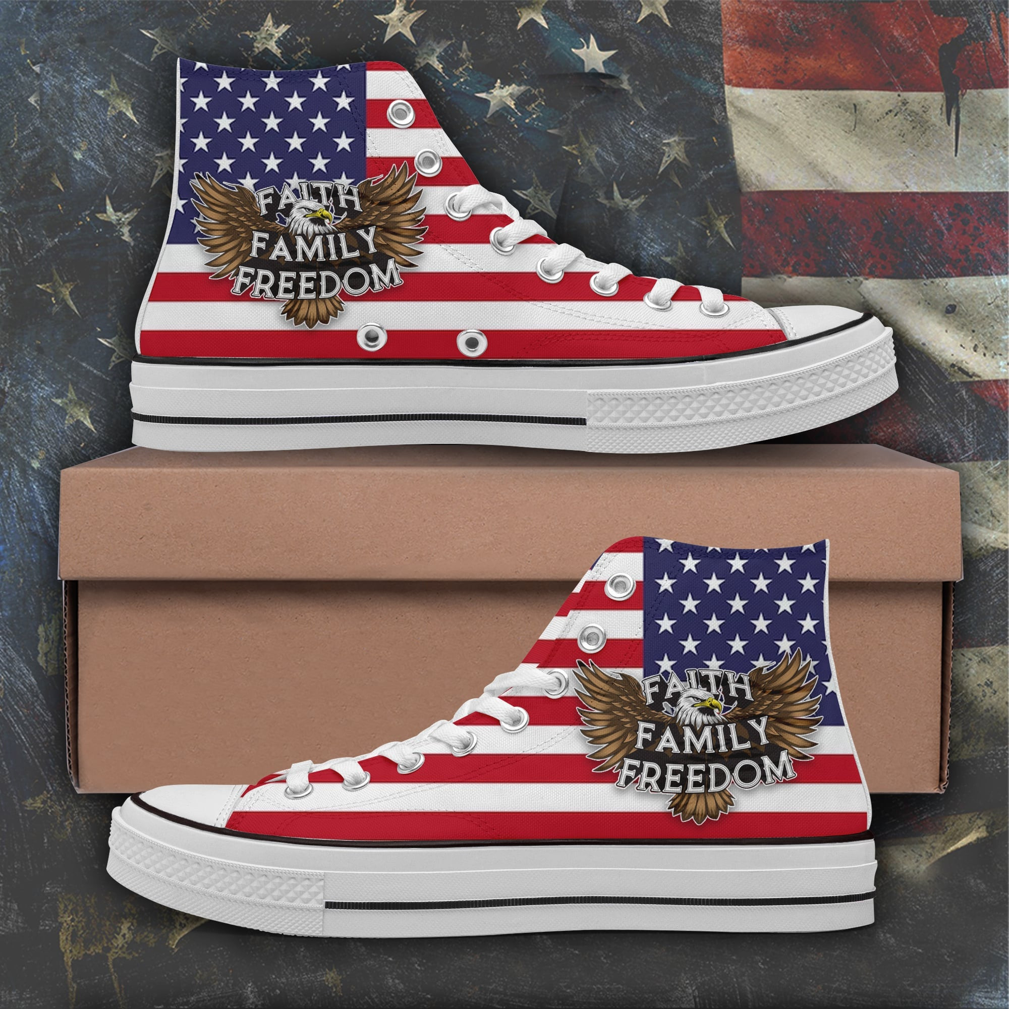 Faith Family Freedom High Top Shoes American Flag Eagle Patriotic Shoes Sneakers -WearandDecor