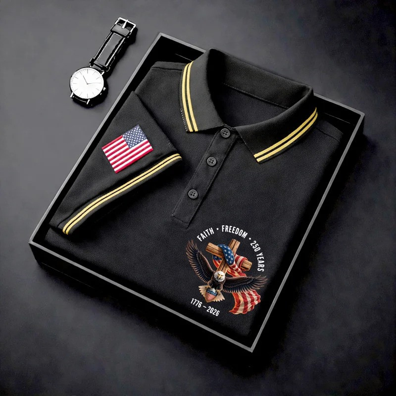Faith Freedom 250 Years Polo Shirt 1776 2026 Patriotic Eagle USA Flag Gift For Men