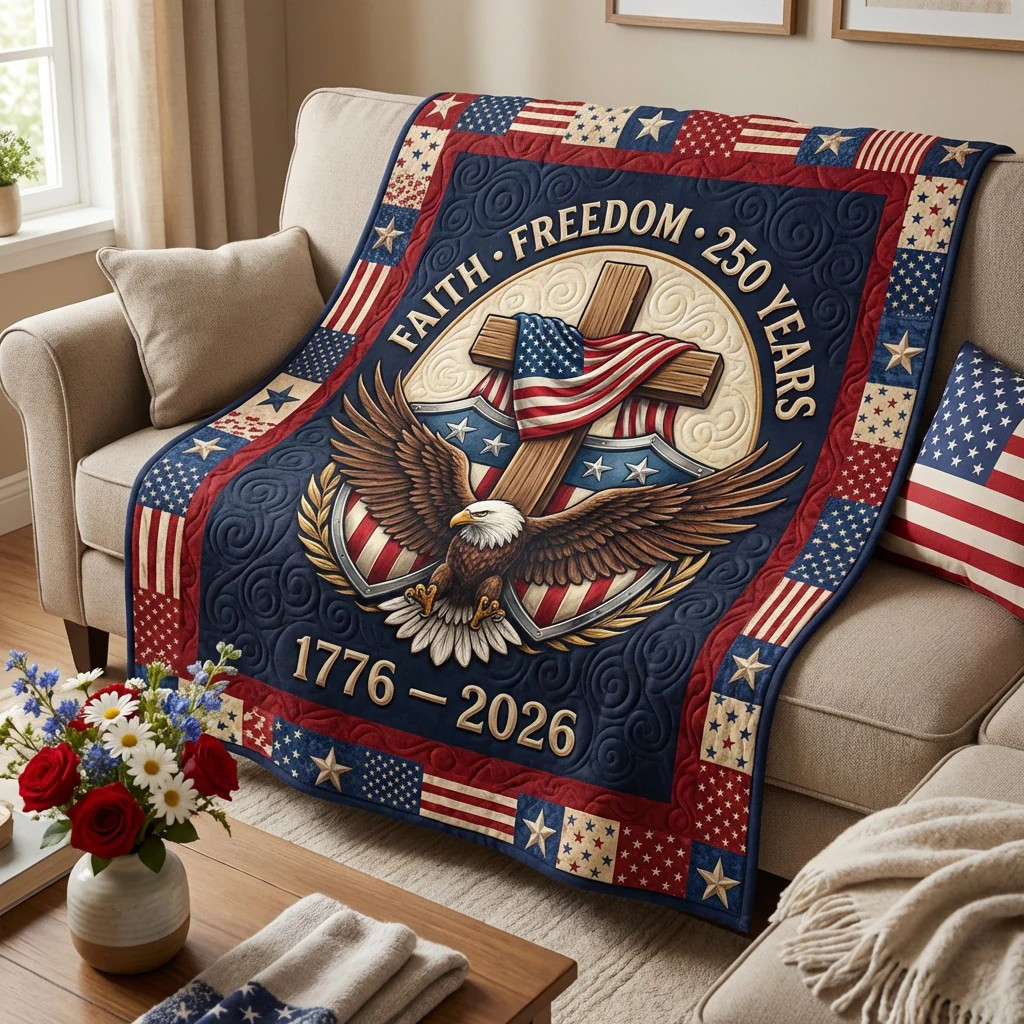 Faith Freedom 250 Years Quilted Blanket Best 4Th Of July Home Decor Gifts For Husband