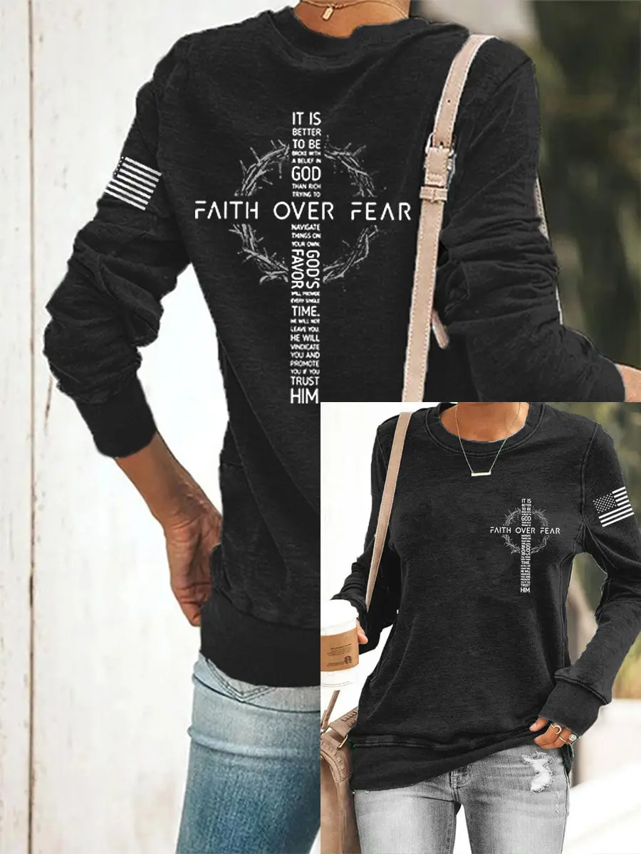 Faith Over Fear Cross Christian Sweatshirt Scripture Faith Tee Gift For Her Faith Over Fear Cross Christian Sweatshirt Scripture Faith Tee Gift For Her - Image 1