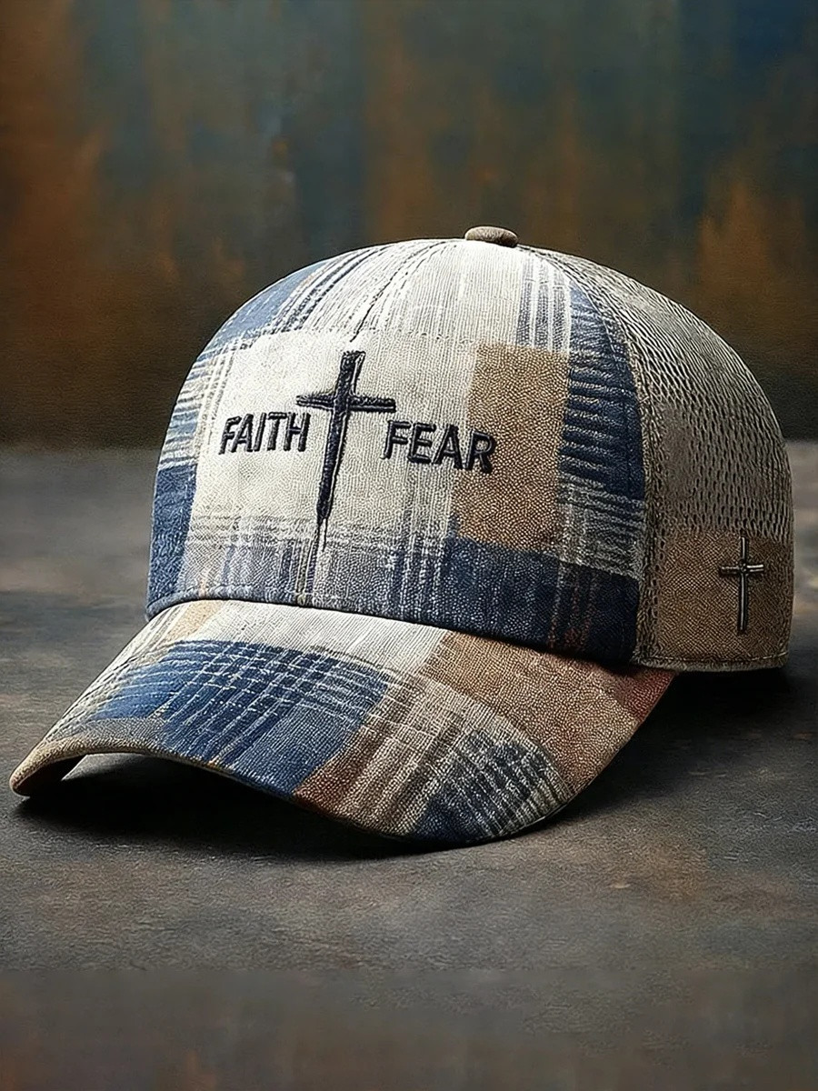 Faith Over Fear Cross Plaid Baseball Hat Christian Faith Apparel Best Gift For Believers