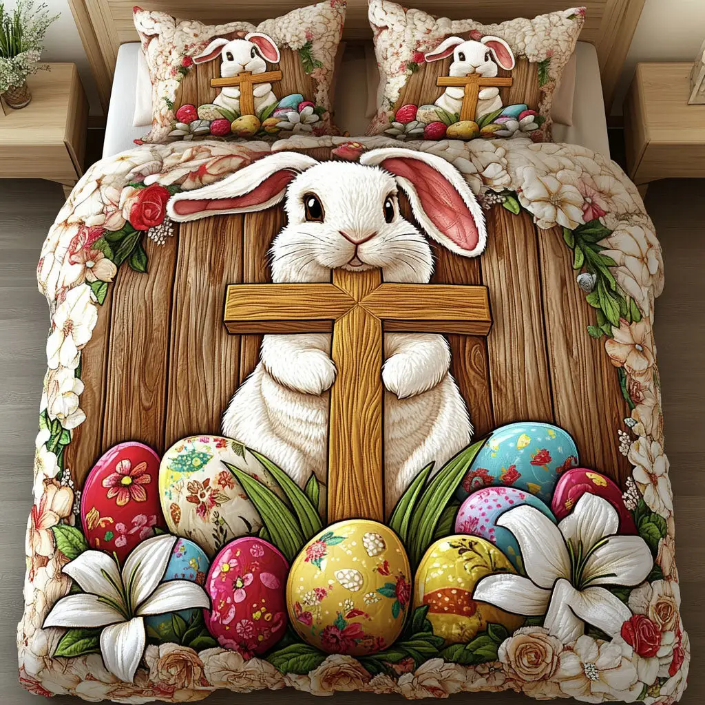 Faithful Bunny Glow Quilted Bedding Set Holiday Bedroom Decor Gifts For Him
