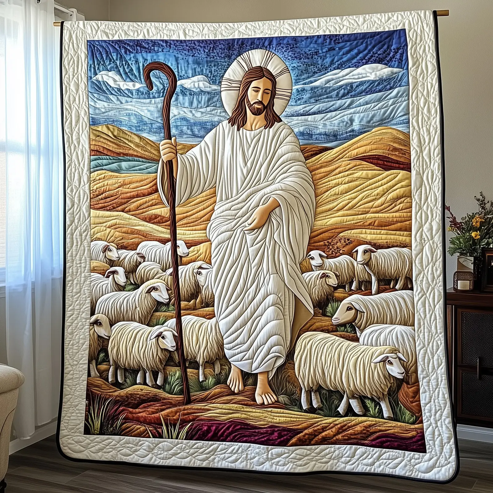 Faithful Shepherd Quilted Blanket Christian Jesus With His Sheep Christian Gifts For Christmas