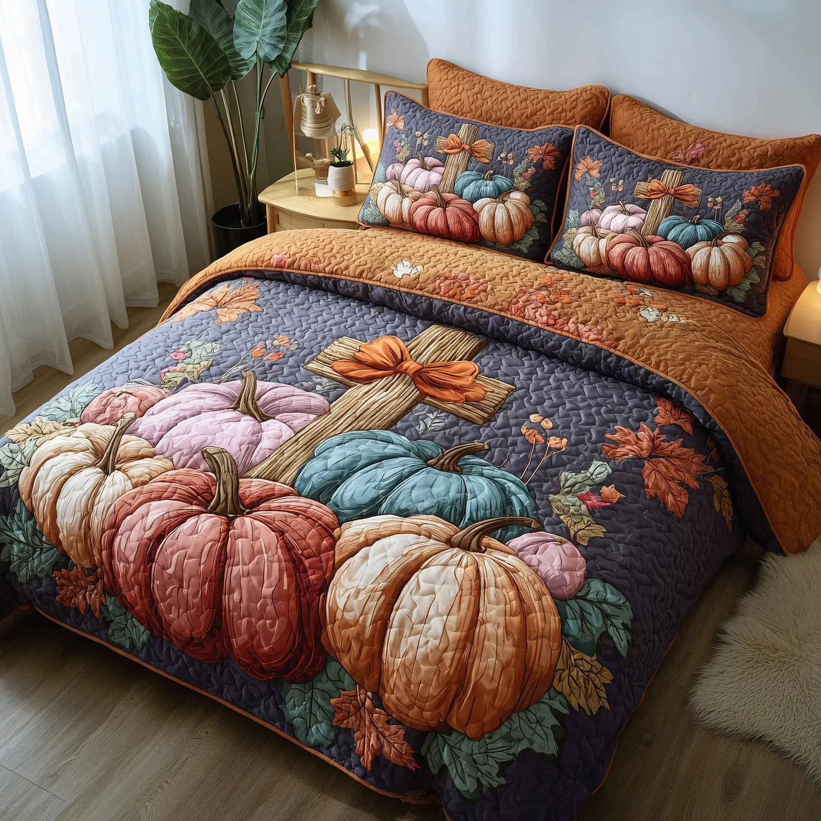Fall for Jesus Quilted Bedding Set Bedroom Decor Pumpkin Cross Christian Gift Ideas