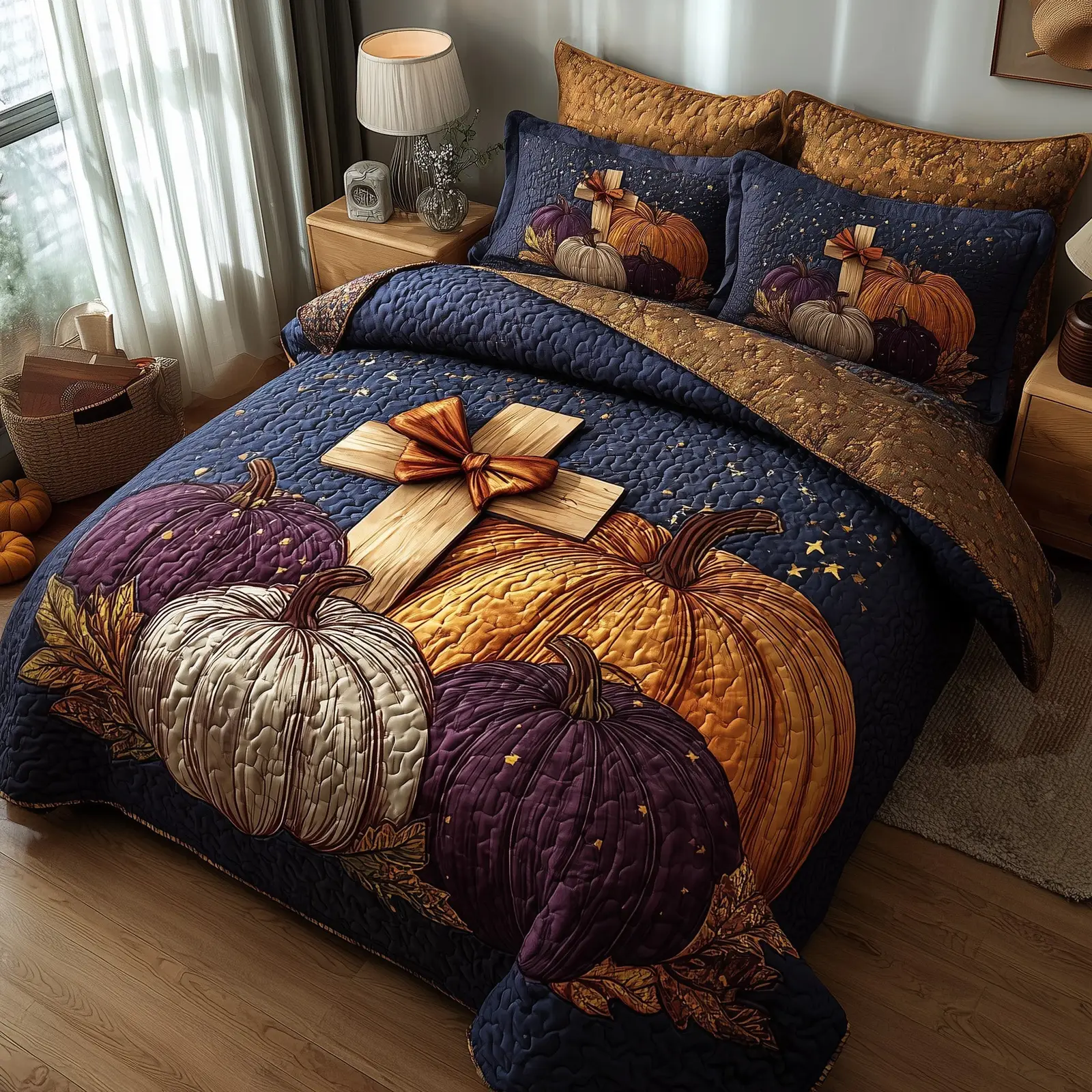 Fall for Jesus Quilted Bedding Set Decoration Autumn Cross Christian Present Ideas