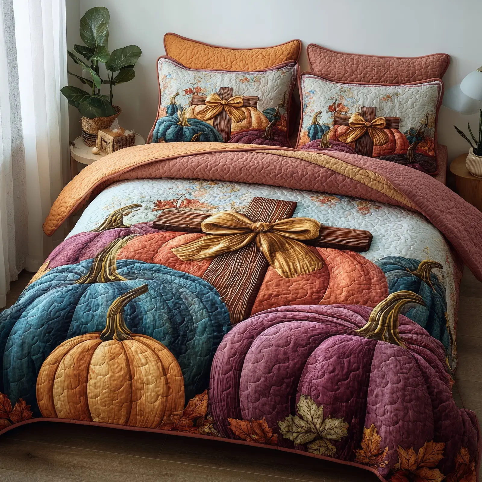 Fall for Jesus Quilted Bedding Set Decoration Pumpkin Cross Christian Gifts For Christmas