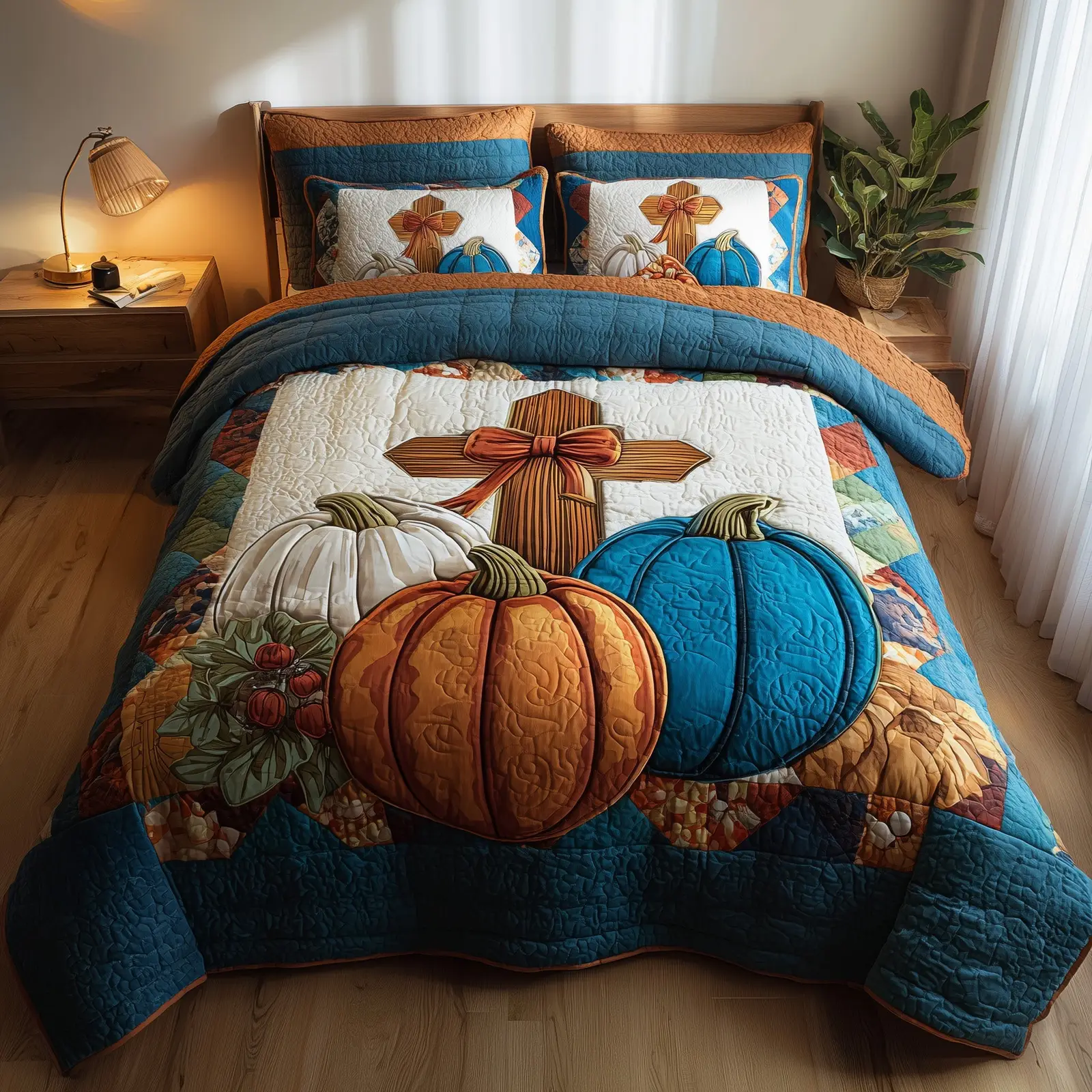 Fall for Jesus Quilted Bedding Set Duvet Cover Pumpkin Cross Christian Gifts