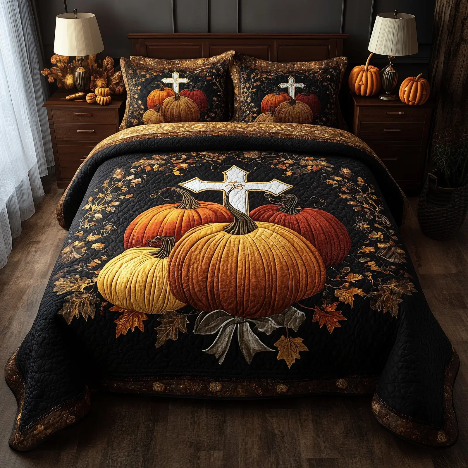 Fall for Jesus Quilted Bedding Set Duvet Cover Set Pumpkin Cross Christmas Presents For Christians