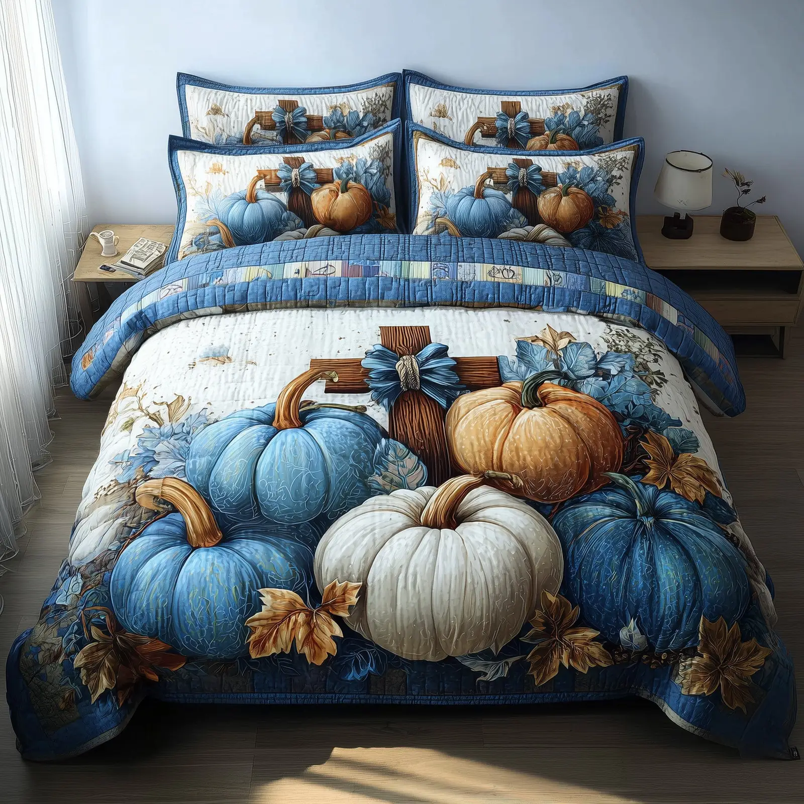Fall for Jesus Quilted Bedding Set Duvet Set Bed Autumn Pumpkin Cross Christian Gift Ideas