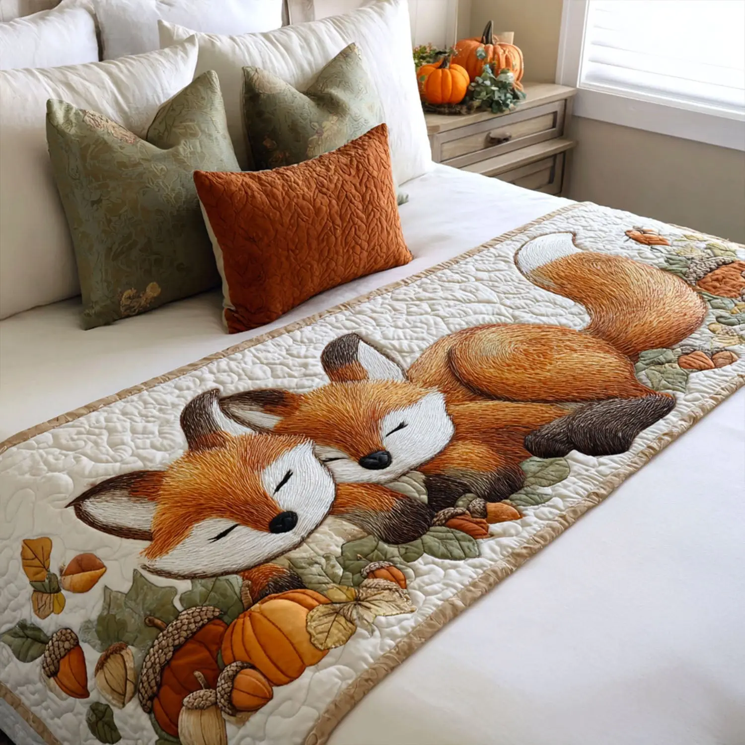 Fall Fox Fancy Quilted Bed Runner Elegant Fall Fox Design Autumn Home Gift