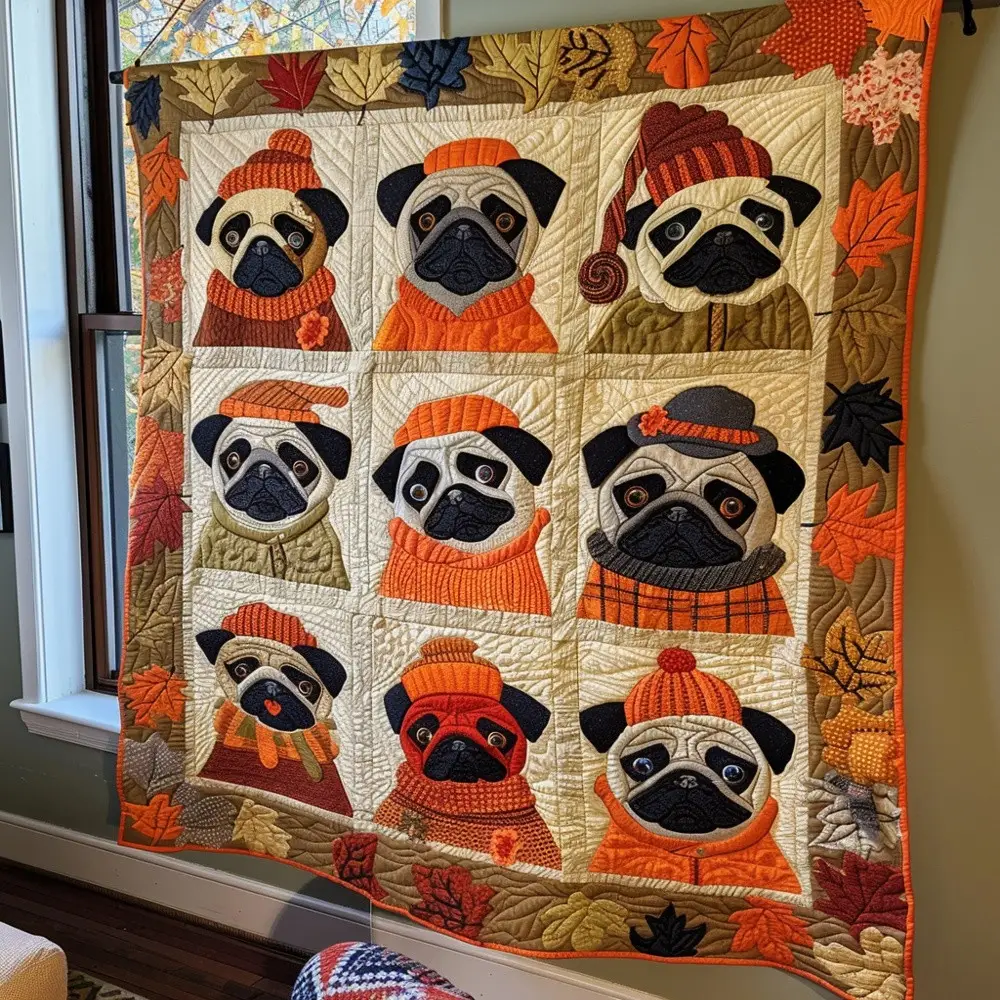 Fall Pugs Quilted Blanket Autumn Dog Lover Art Cozy Bedding Warm Throw Best Gift For Pug Owners Fall Pugs Quilted Blanket Autumn Dog Lover Art Cozy Bedding Warm Throw Best Gift For Pug Owners - Image 1