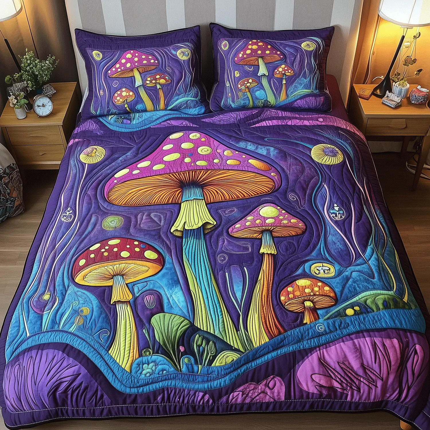 Fanciful Fungi Quilted Bedding Set Perfect Housewarming Gift for a Cozy Bedroom