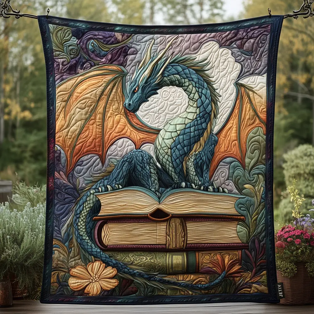 Fantasy Dragon On Books Quilted Blanket Mythical Blue Dragon Patchwork Throw Best Gift For Dragon Fans