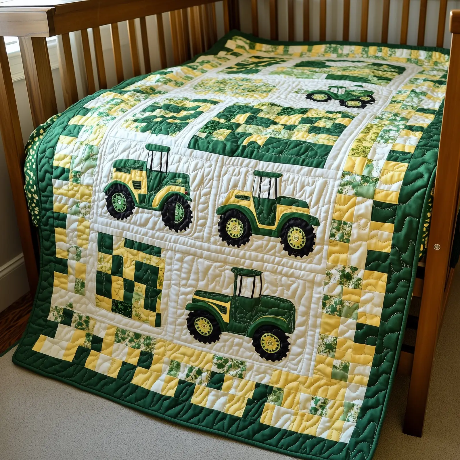 Farm Life Tractor Quilt Handmade Green Tractor Baby Blanket For Crib Or Toddler Bed