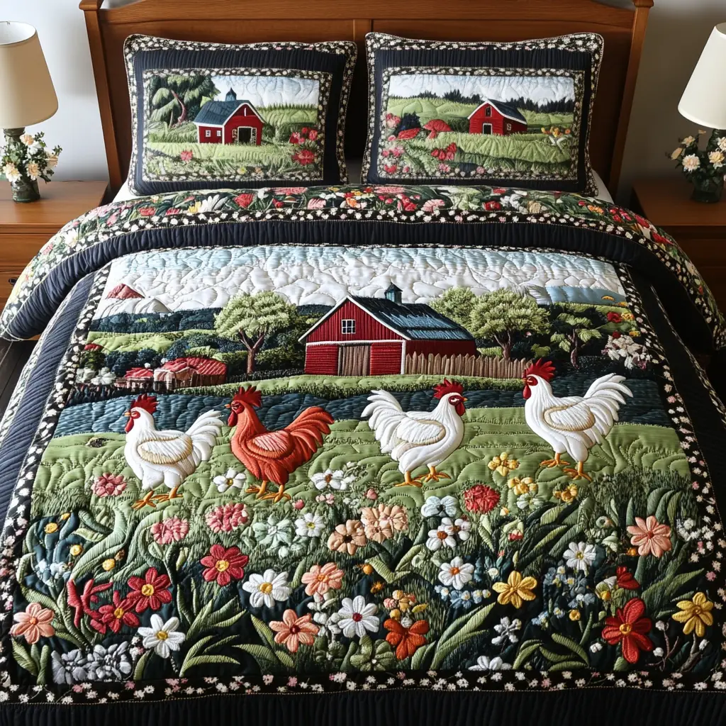 Farmyard Joy Quilted Bedding Set Holiday Duvet Cover Set Gifts For Hen Lovers Farmyard Joy Quilted Bedding Set Holiday Duvet Cover Set Gifts For Hen Lovers - Image 1