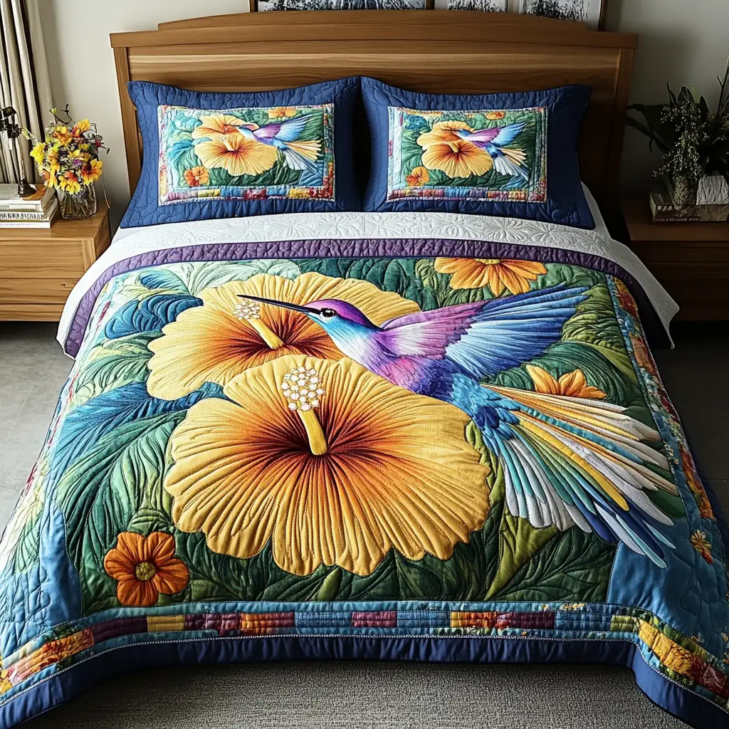 Feathered Paradise Quilted Bedding Set Bedroom Decor Gifts For Hummingbird Lovers