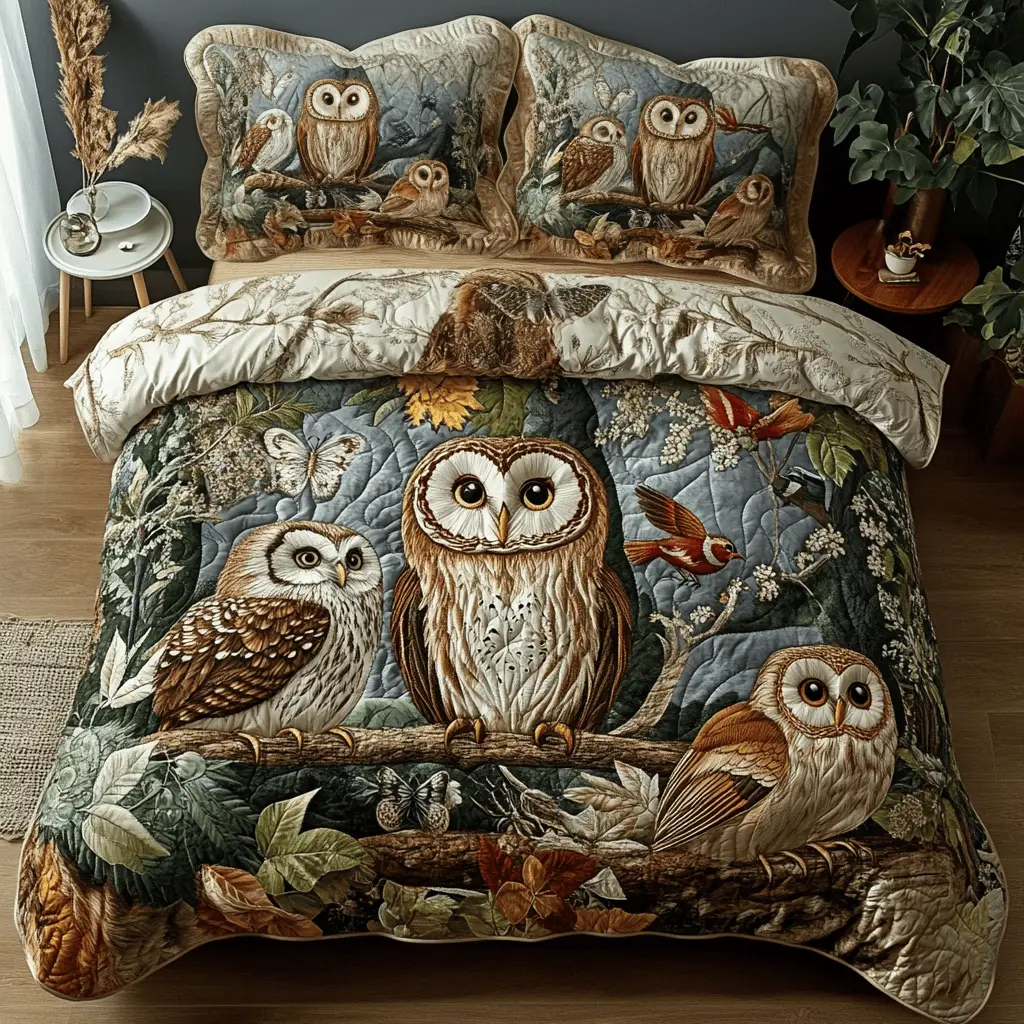 Feathered Sleep Quilted Bedding Set Bed Decor Ideas Owl Items For Gifts