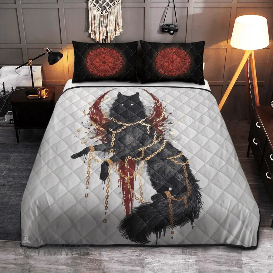 Fenrir Graphic Viking Quilted Bedding Set Holiday Bedroom Unique Decor Gifts For Son