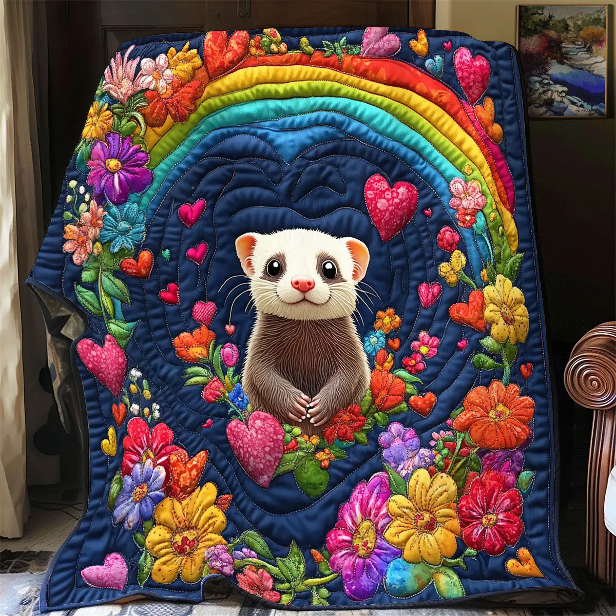 Ferret Floral Heart Quilt Blanket Fluffy Throw Blanket Cozy Xmas Gifts For Ferret Lovers