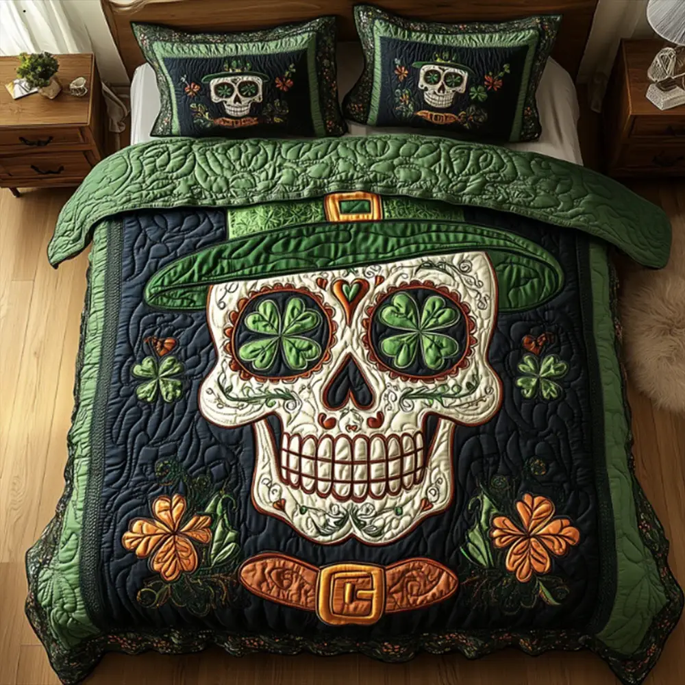 Festival Skull Patrick's Day Quilt Bedding Set Best Idea Gift For Irish