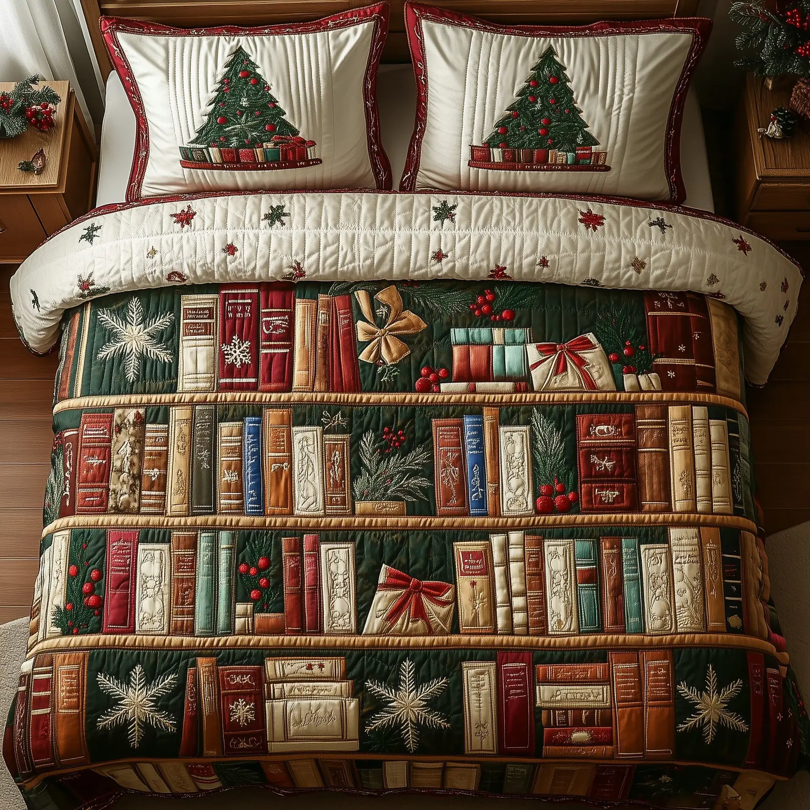 Festive Bookish Christmas Quilted Bedding Set Duvet Cover Bedspread Xmas Book Theme Gift Ideas For Him