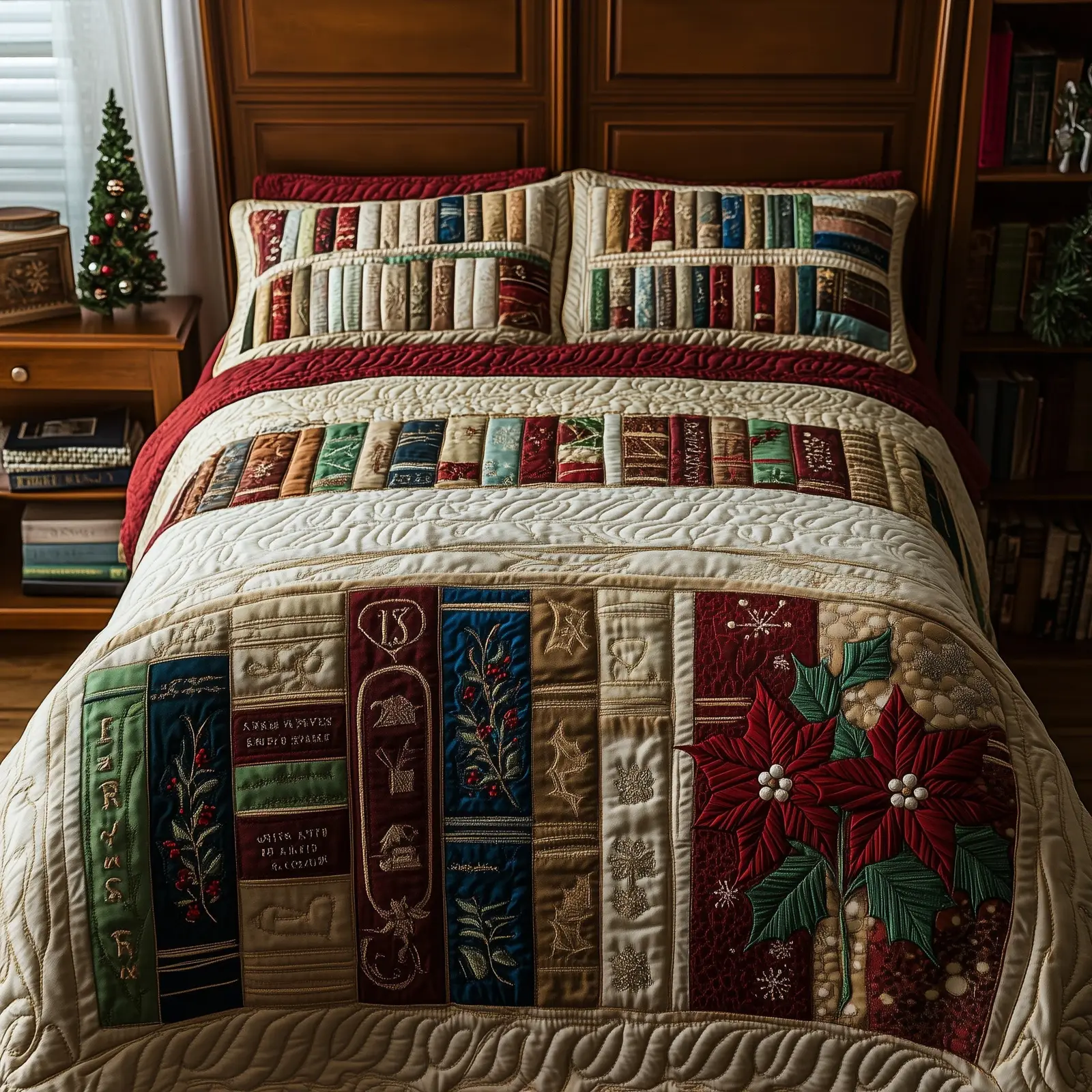Festive Bookish Christmas Quilted Bedding Set Duvet Cover Bedspread Xmas Book Theme Gifts For Dad