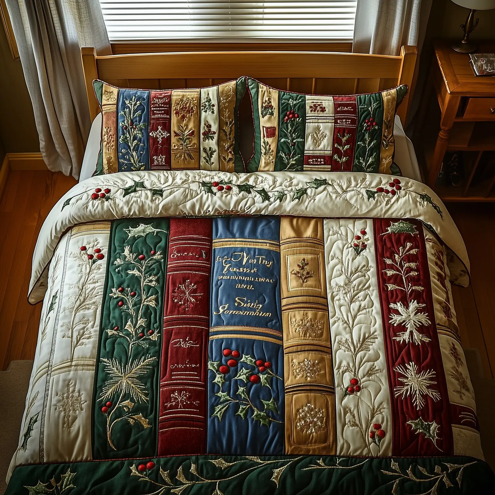 Festive Bookish Christmas Quilted Bedding Set Duvet Cover Bedspread Xmas Book Theme Present For Book Lover
