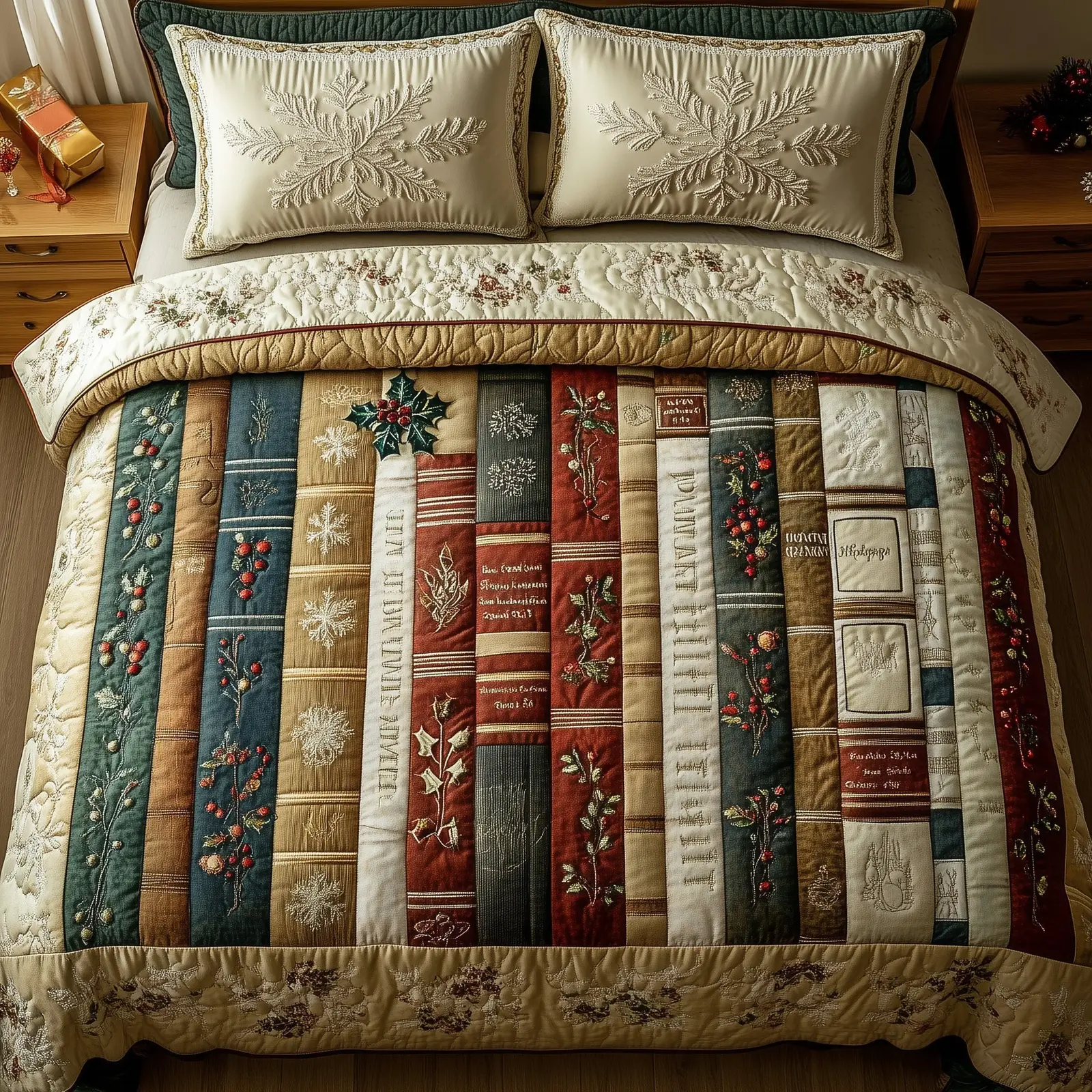 Festive Bookish Christmas Quilted Bedding Set Duvet Cover Bedspread Xmas Book Theme Present Ideas