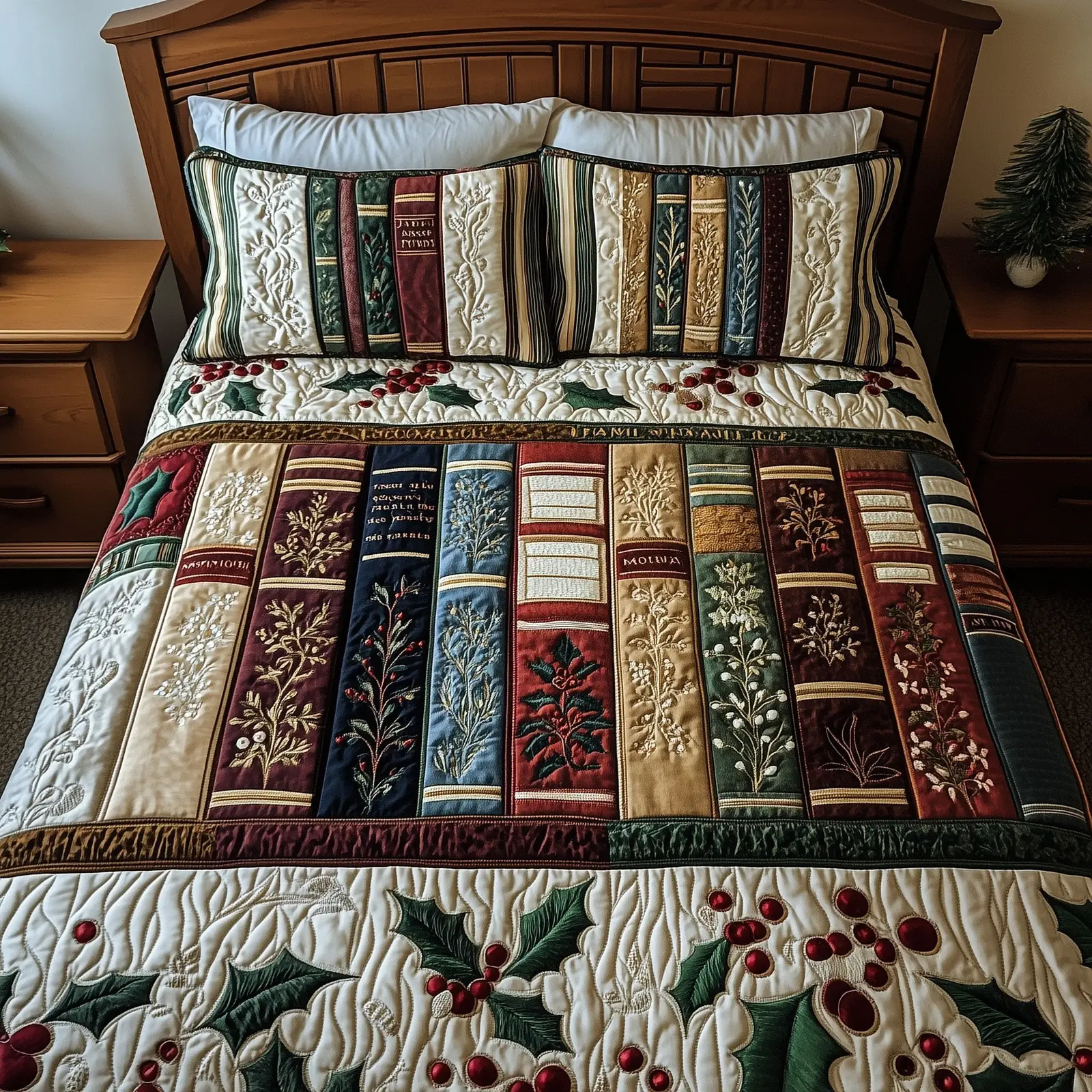Festive Bookish Christmas Quilted Bedding Set Duvet Cover Bedspread Xmas Book Theme Present Ideas For Men