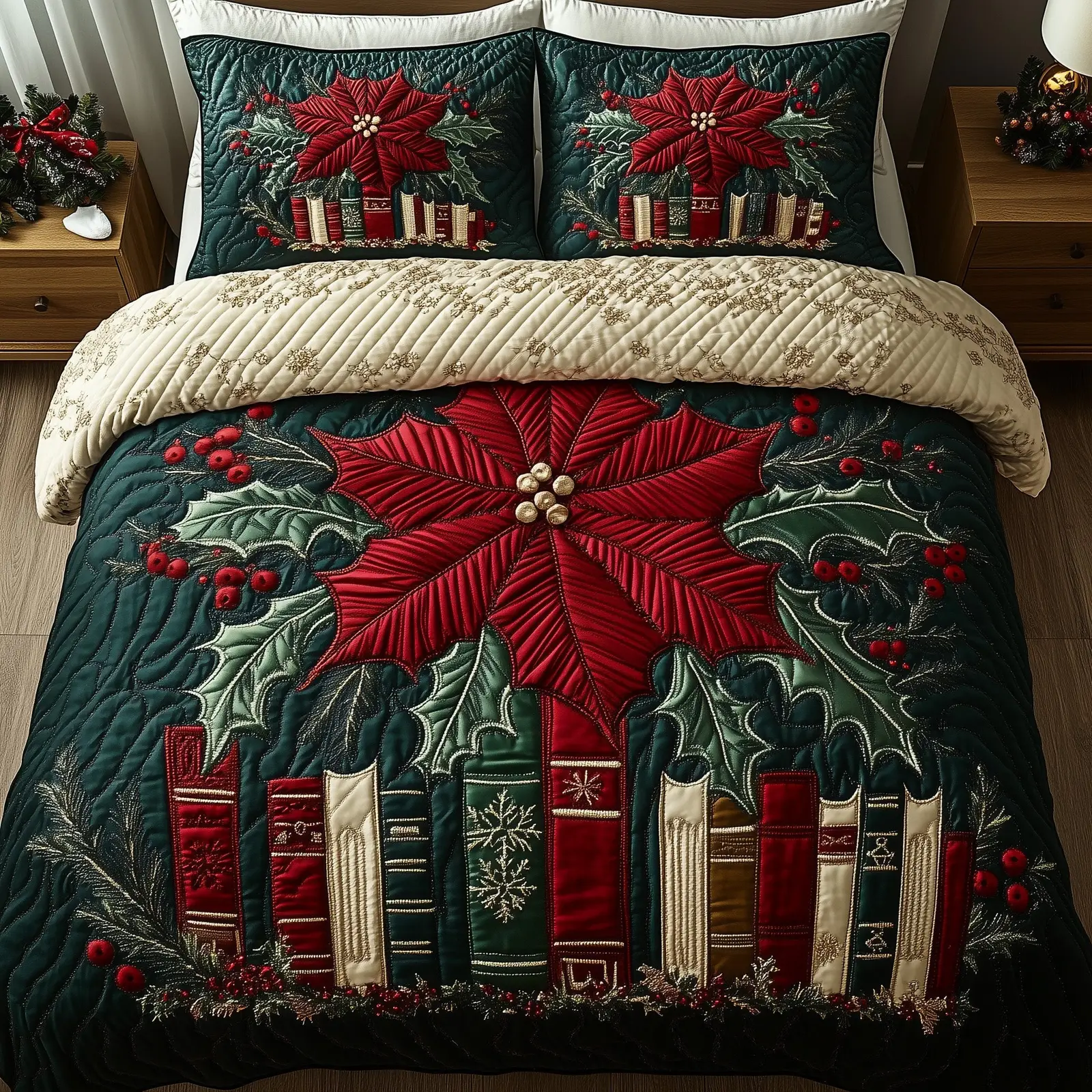 Festive Bookish Christmas Quilted Bedding Set Duvet Cover Bedspread Xmas Book Theme Presents