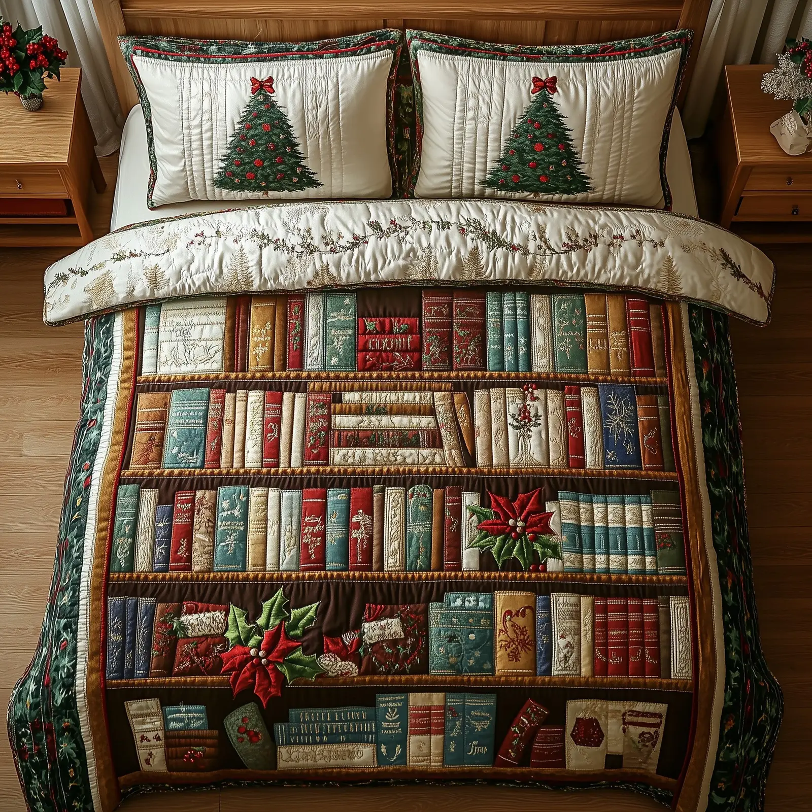 Festive Bookish Christmas Quilted Bedding Set Duvet Cover Bedspread Xmas Theme Gift Ideas For Book Lovers Festive Bookish Christmas Quilted Bedding Set Duvet Cover Bedspread Xmas Theme Gift Ideas For Book Lovers - Image 1